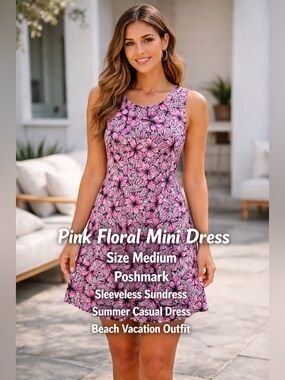 Blue Ginger Sleeveless Pink Floral Shift Dress MEDIUM Cottagecore Beach Casual